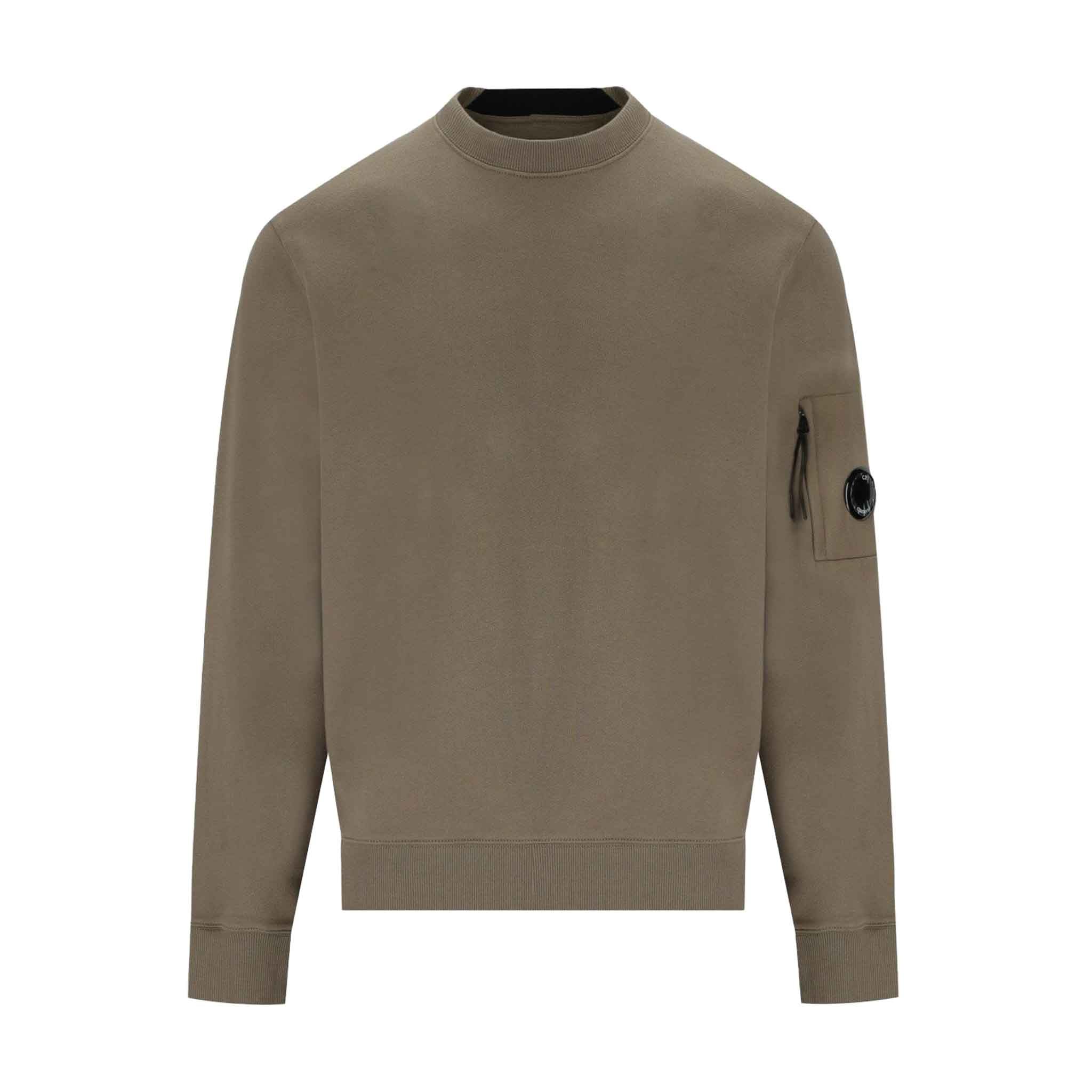 C.P. Company Diagonal Raised Fleece Crew Neck Lens Sweatshirt in Walnut- Beige