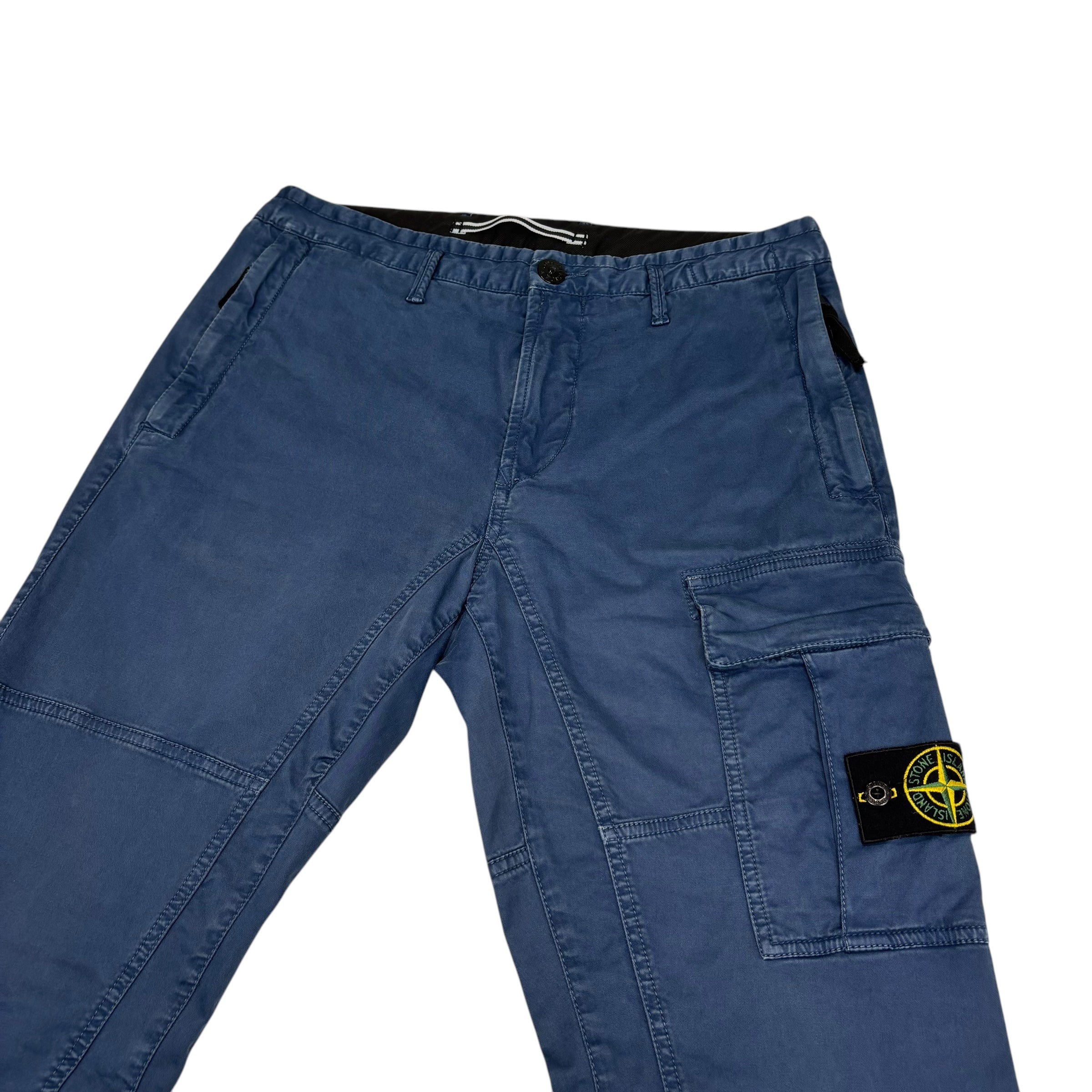 Stone Island Blue Zip-Pockets Brushed Cotton Compass-Patch Cargo Trousers