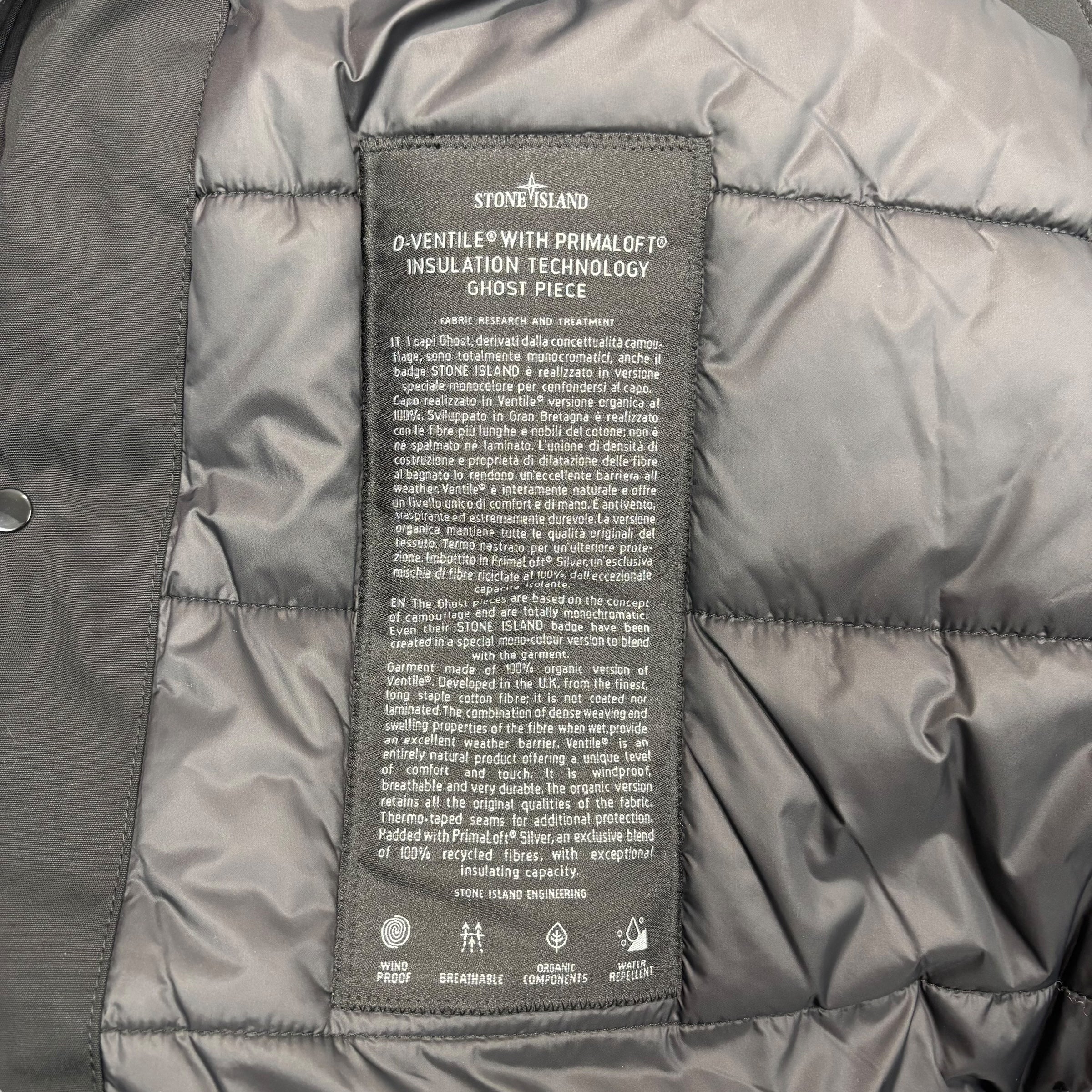 Stone Island Black O-Ventile with Primaloft Insulation Technology Ghost Piece Jacket