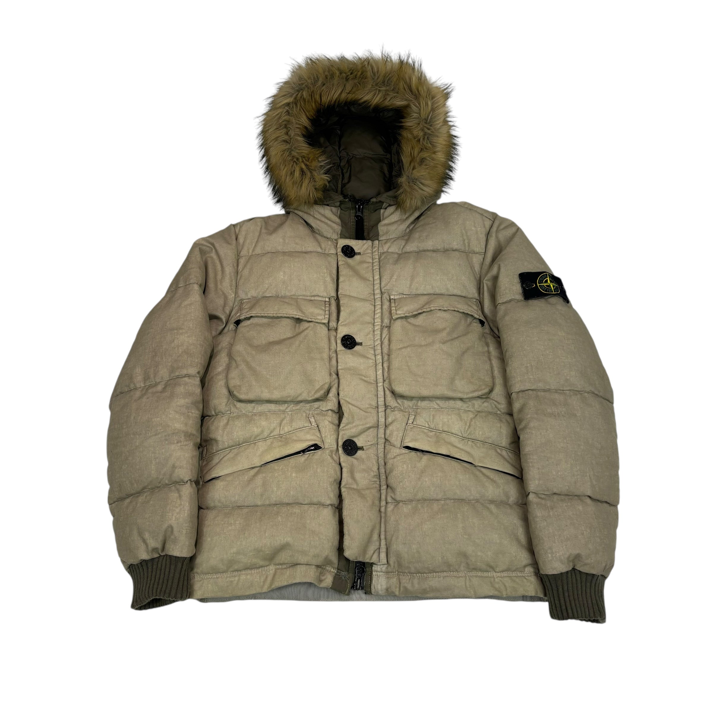 Stone Island Beige Lino Resinato Down-TC Fur Hooded Jacket
