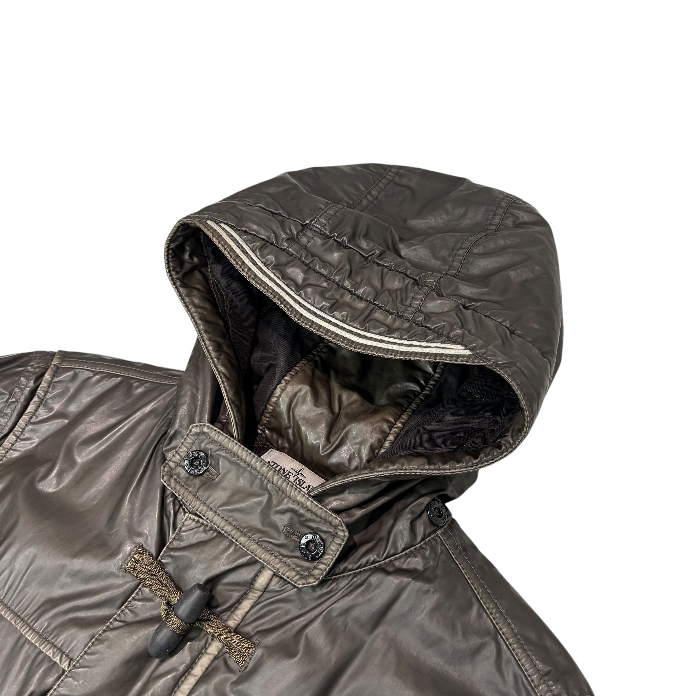 Stone Island Brown Mussola Gommata Compass Patch Long Line Jacket