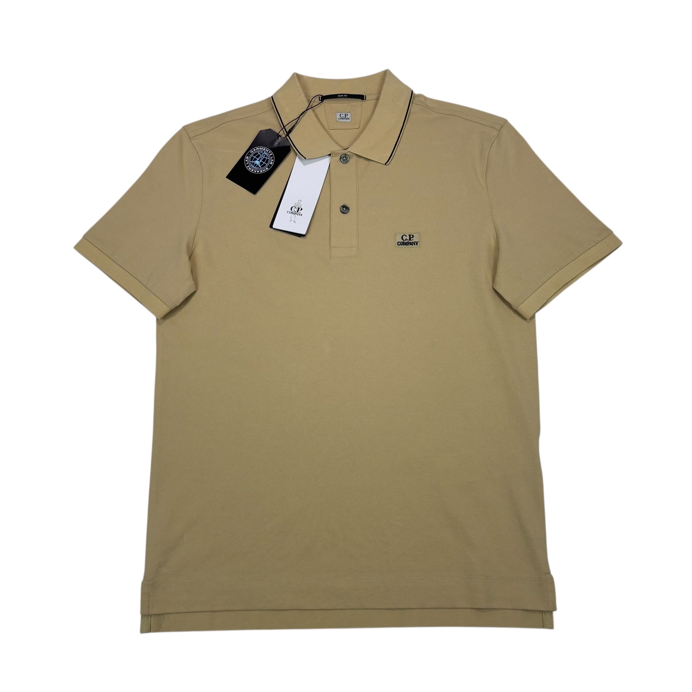 CP Company Beige Box Logo Spell Out Striped Polo Shirt