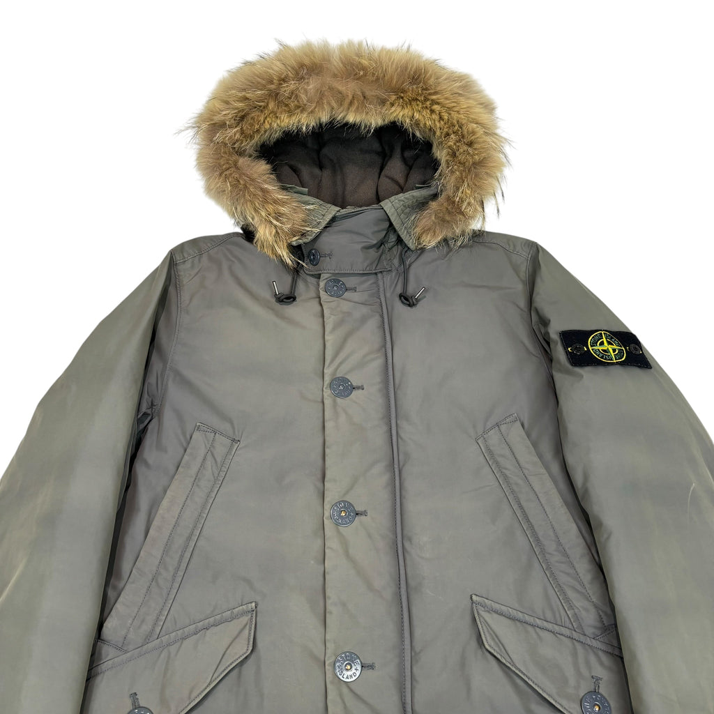Stone Island Green Micro Reps Down Fur Hood Compass-Patch Jacket