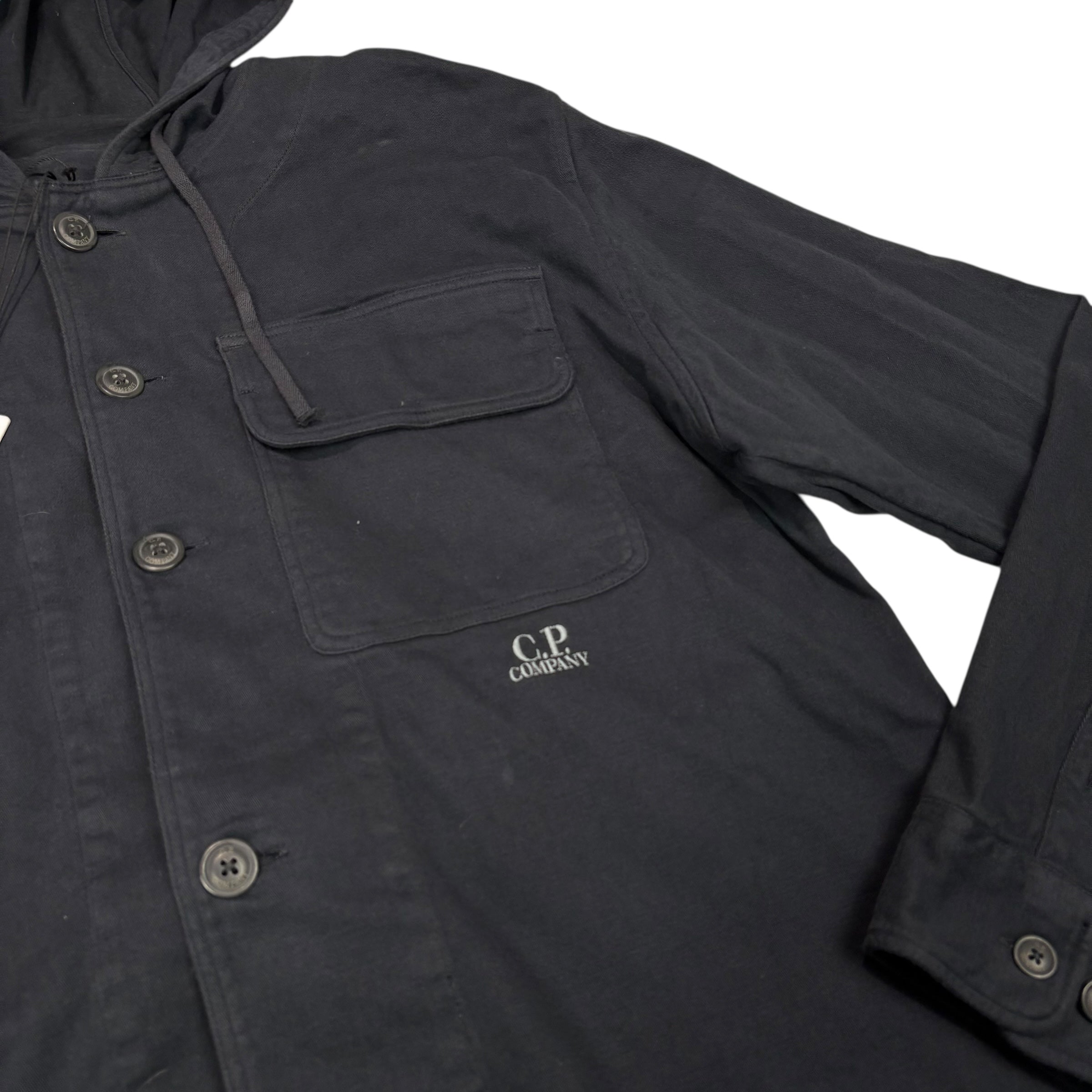 CP Company Navy Blue Spell Out Hooded Button Up Jacket