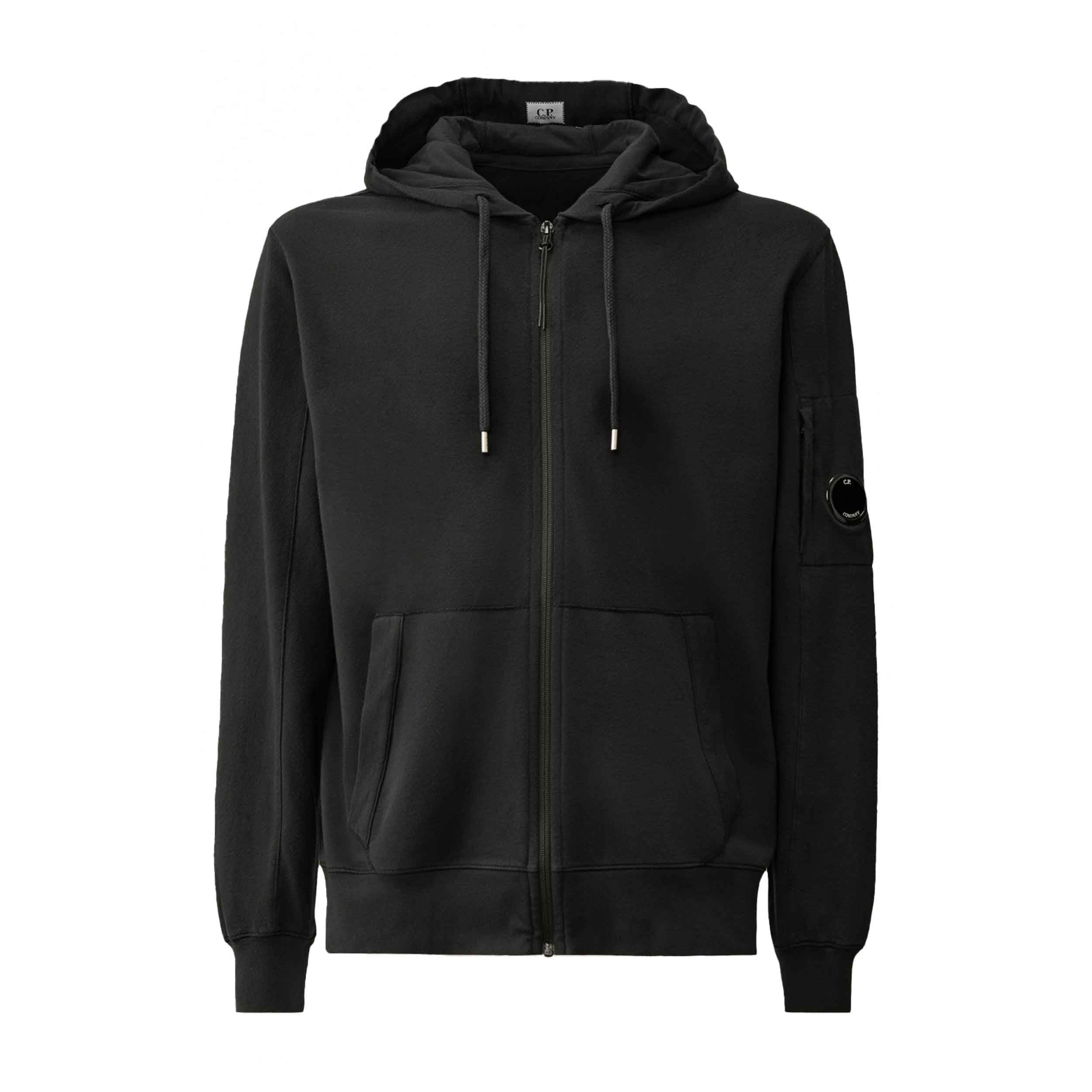 C.P. Company Light Fleece Lens Zipped Hooded Sweatshirt in Black