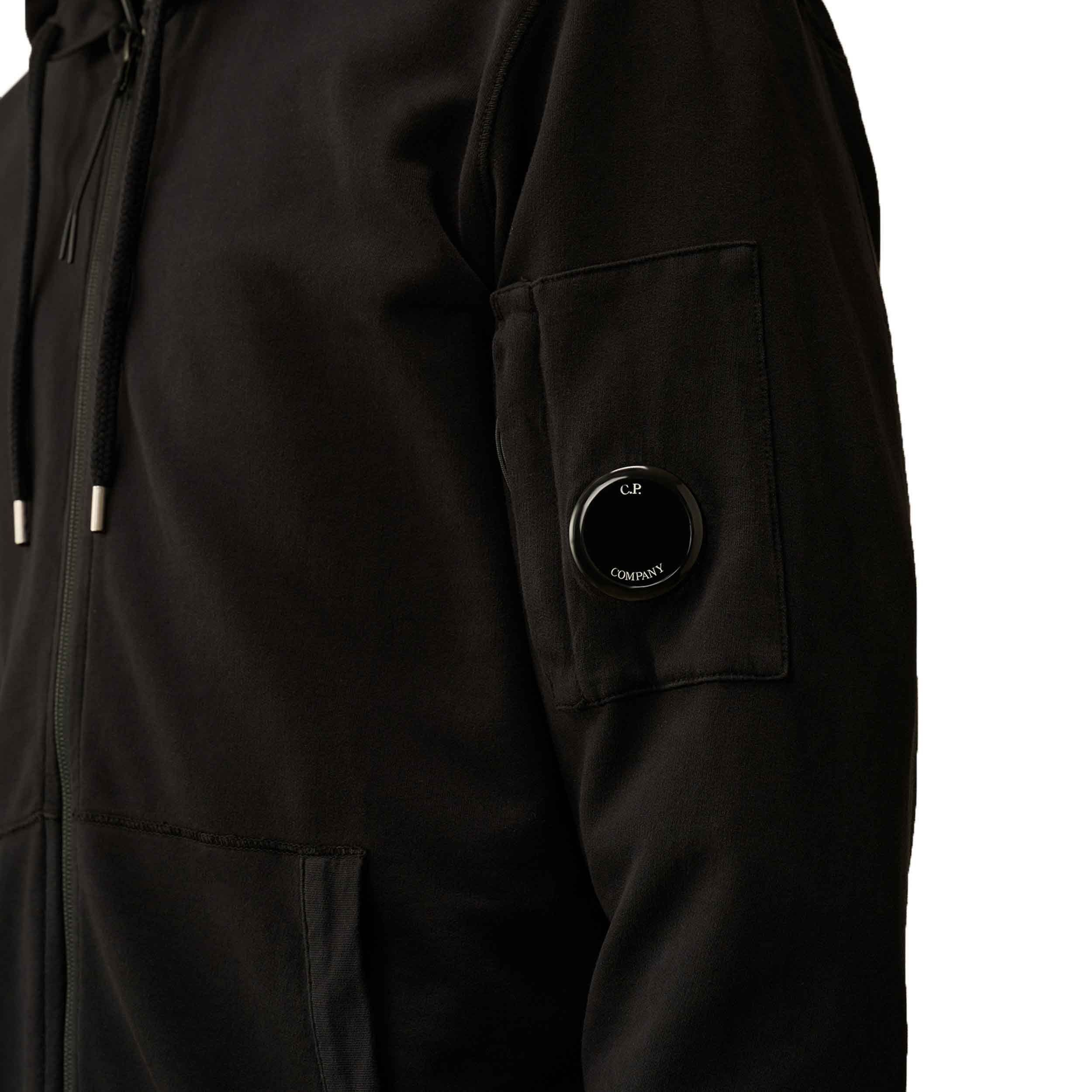 C.P. Company Light Fleece Lens Zipped Hooded Sweatshirt in Black
