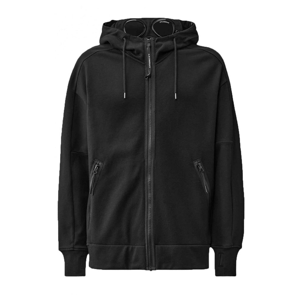 C.P. Company Diagonal Raised Fleece Goggle Zipped Hooded Sweatshirt in Black