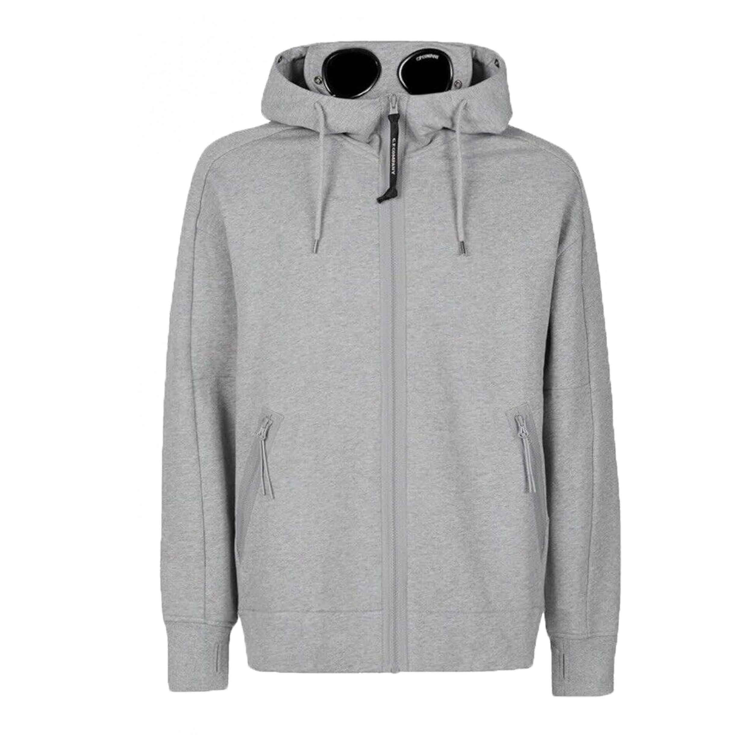 C.P. Company Diagonal Raised Fleece Goggle Zipped Hooded Sweatshirt in Greystone Melange