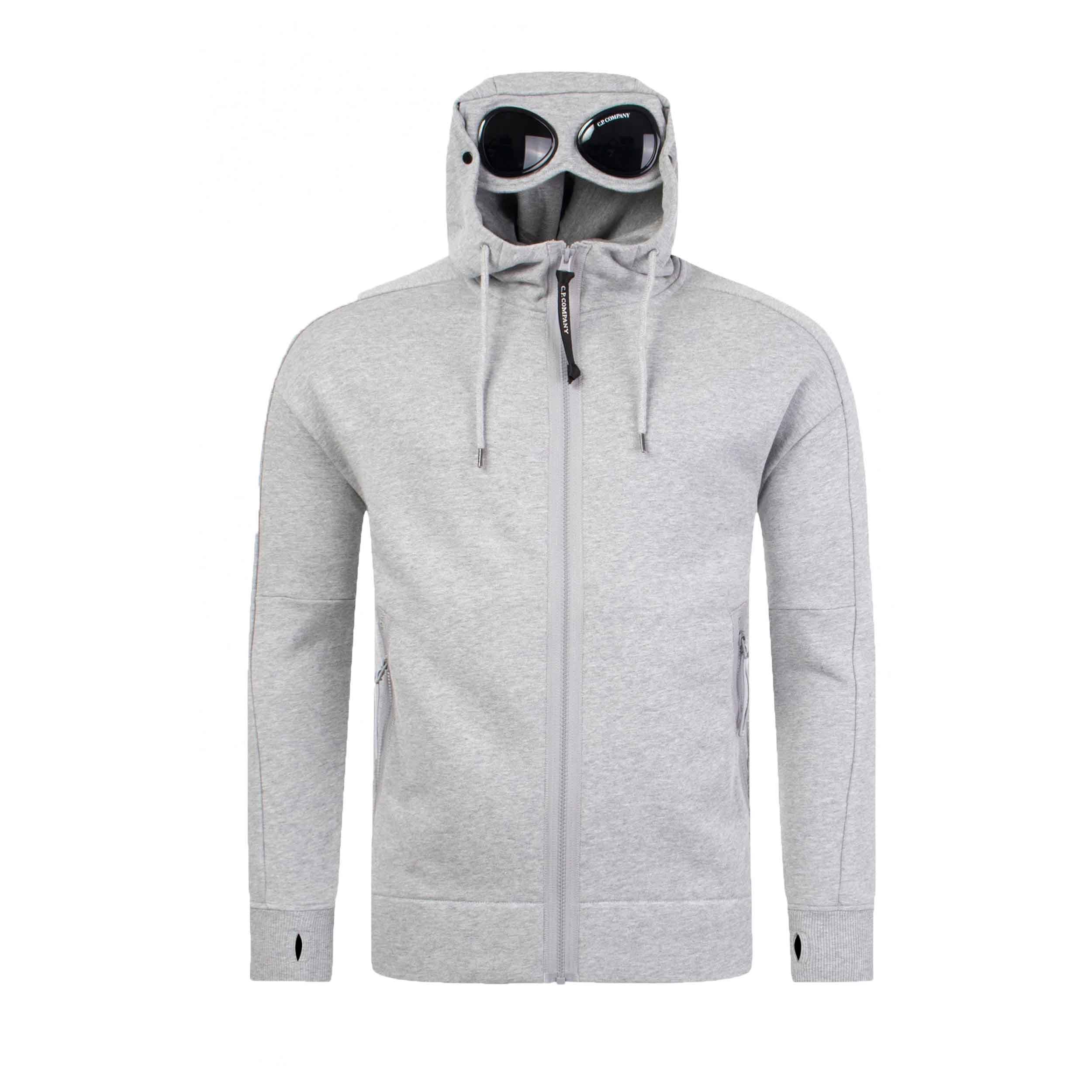 C.P. Company Diagonal Raised Fleece Goggle Zipped Hooded Sweatshirt in Greystone Melange