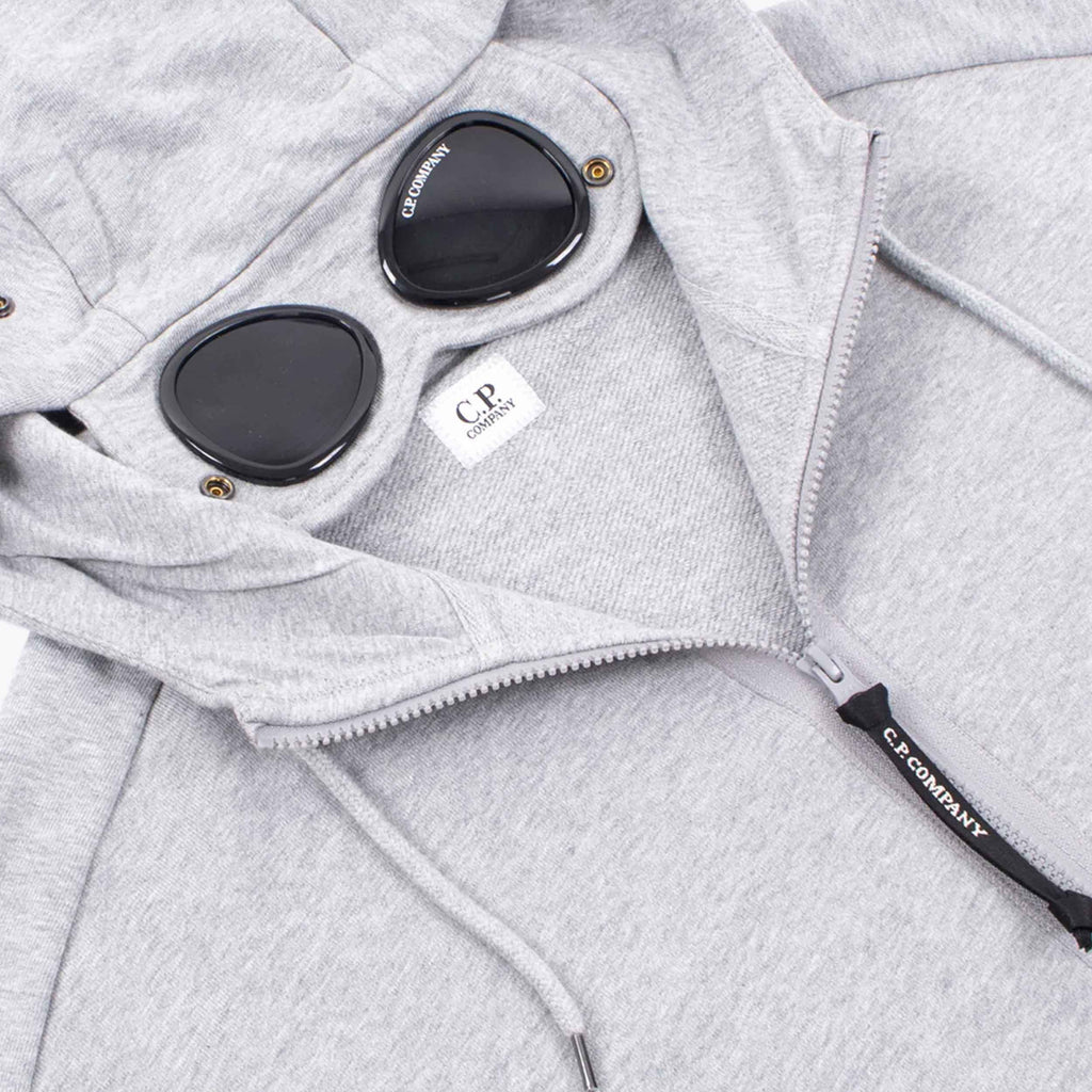 C.P. Company Diagonal Raised Fleece Goggle Zipped Hooded Sweatshirt in Greystone Melange