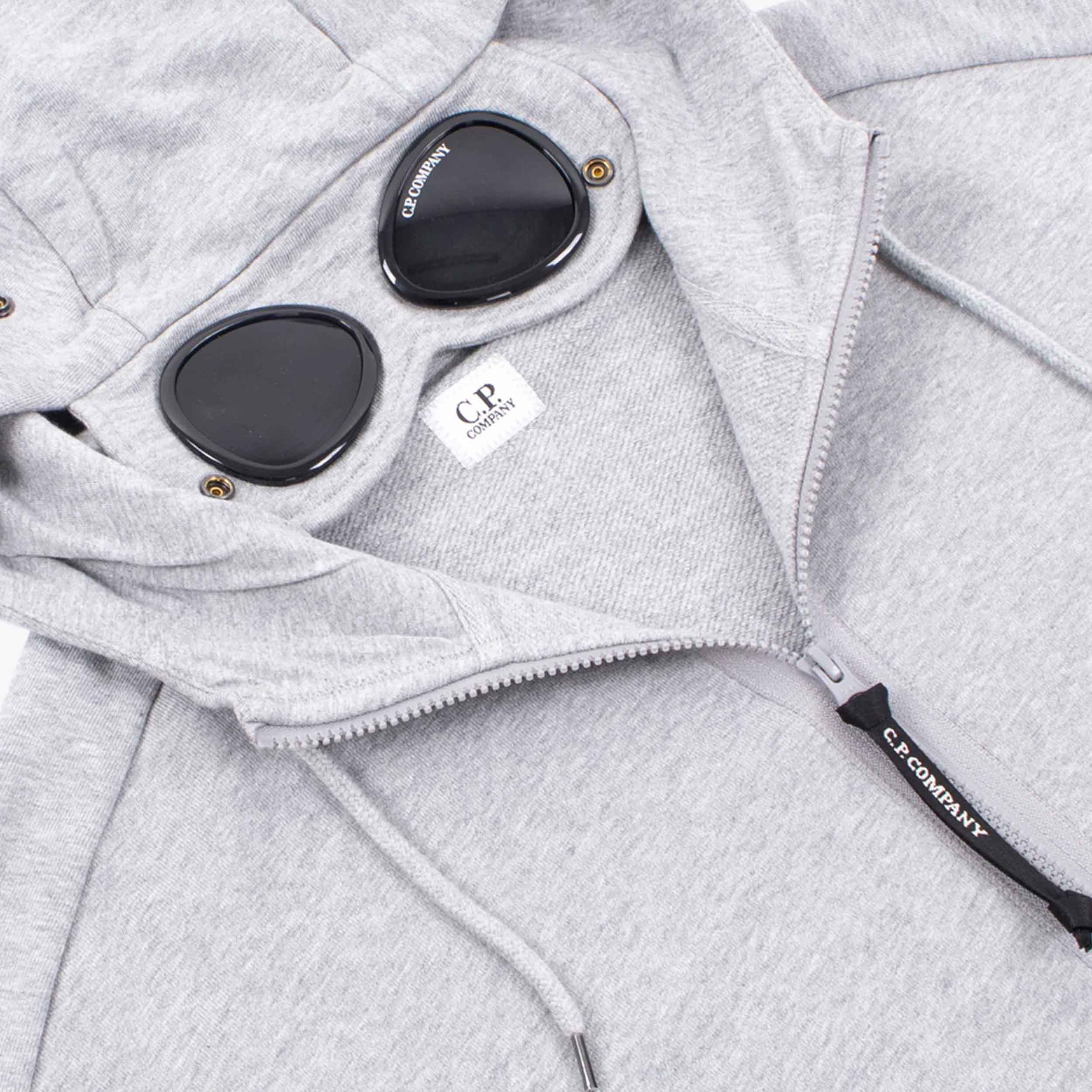 C.P. Company Diagonal Raised Fleece Goggle Zipped Hooded Sweatshirt in Greystone Melange