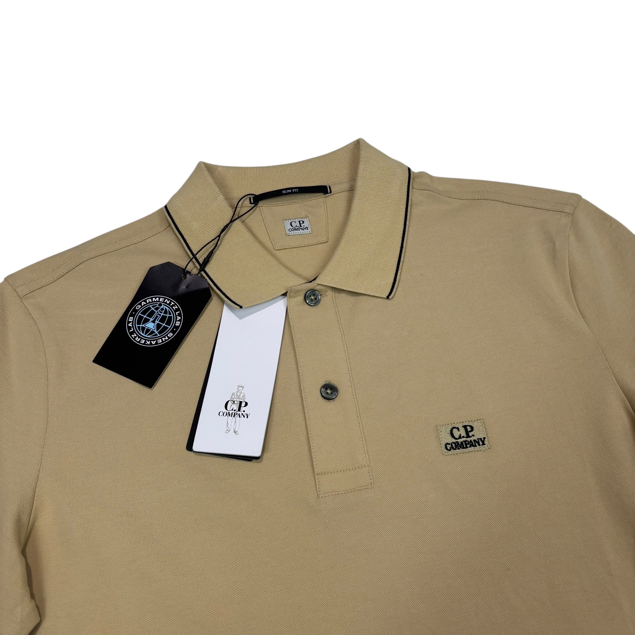 CP Company Beige Box Logo Spell Out Striped Polo Shirt