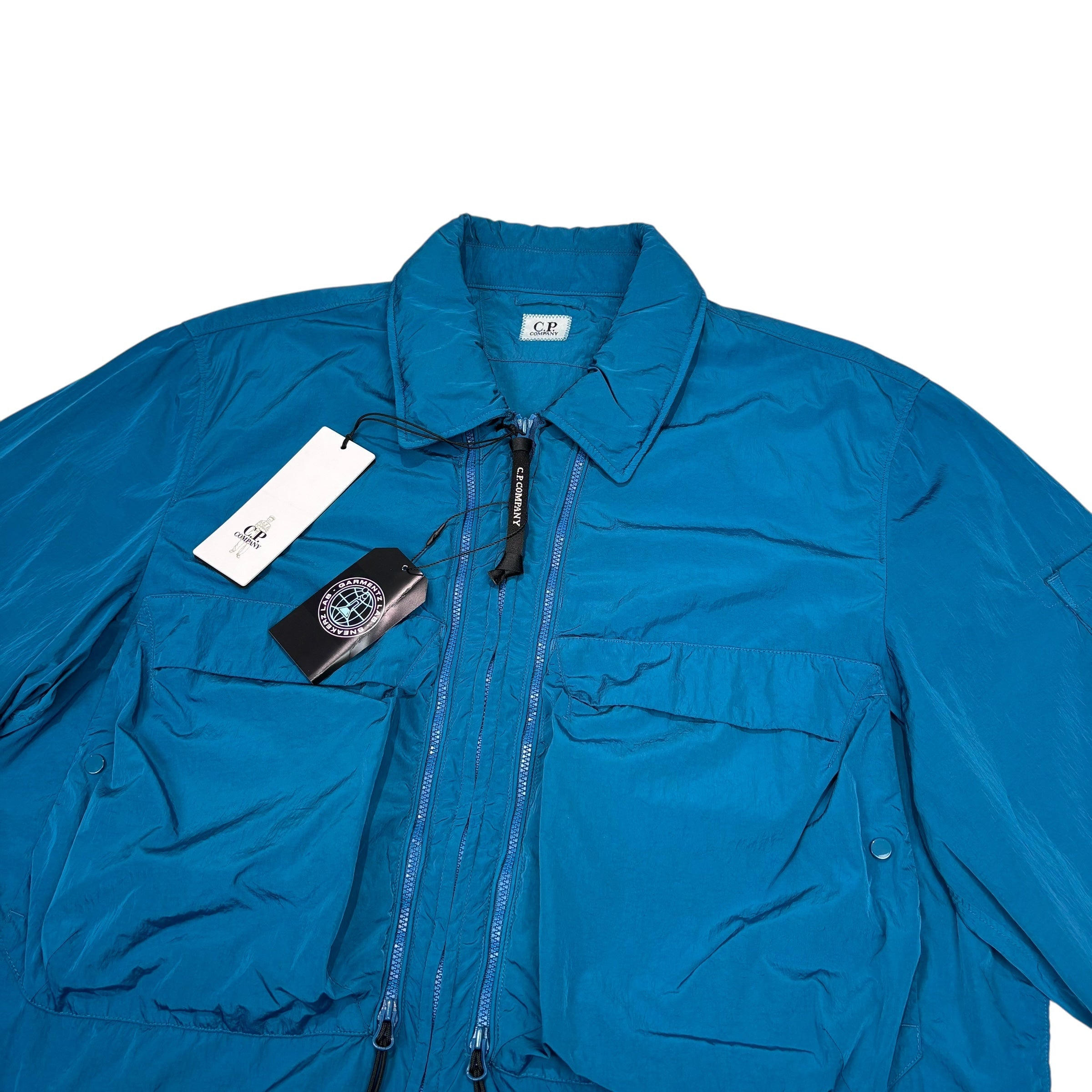 CP Company Blue Nylon Chrome-R Single Goggle Garment Dyeing Overshirt Jacket