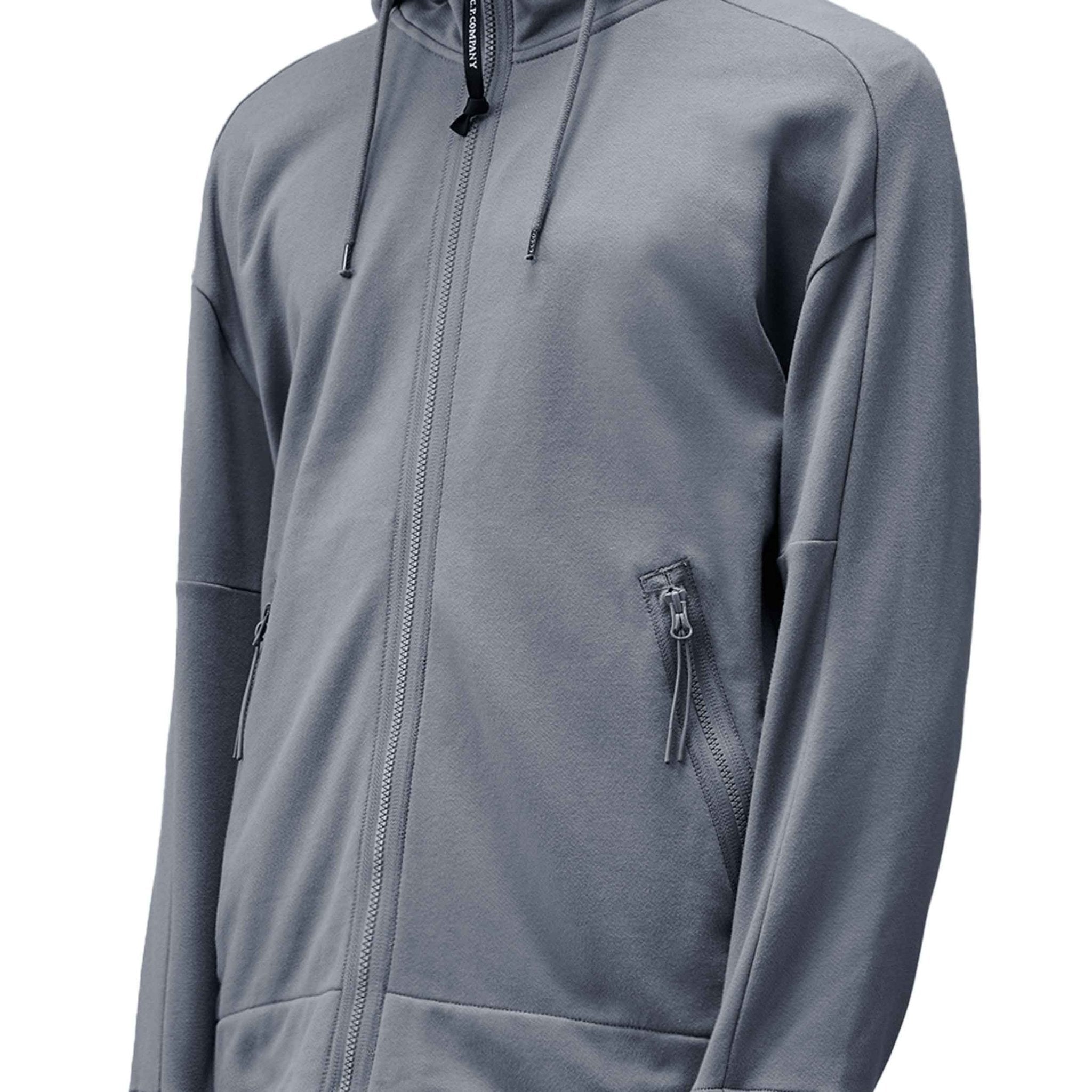 C.P. Company Diagonal Raised Fleece Goggle Zipped Hooded Sweatshirt in Stormy Weather- Blue