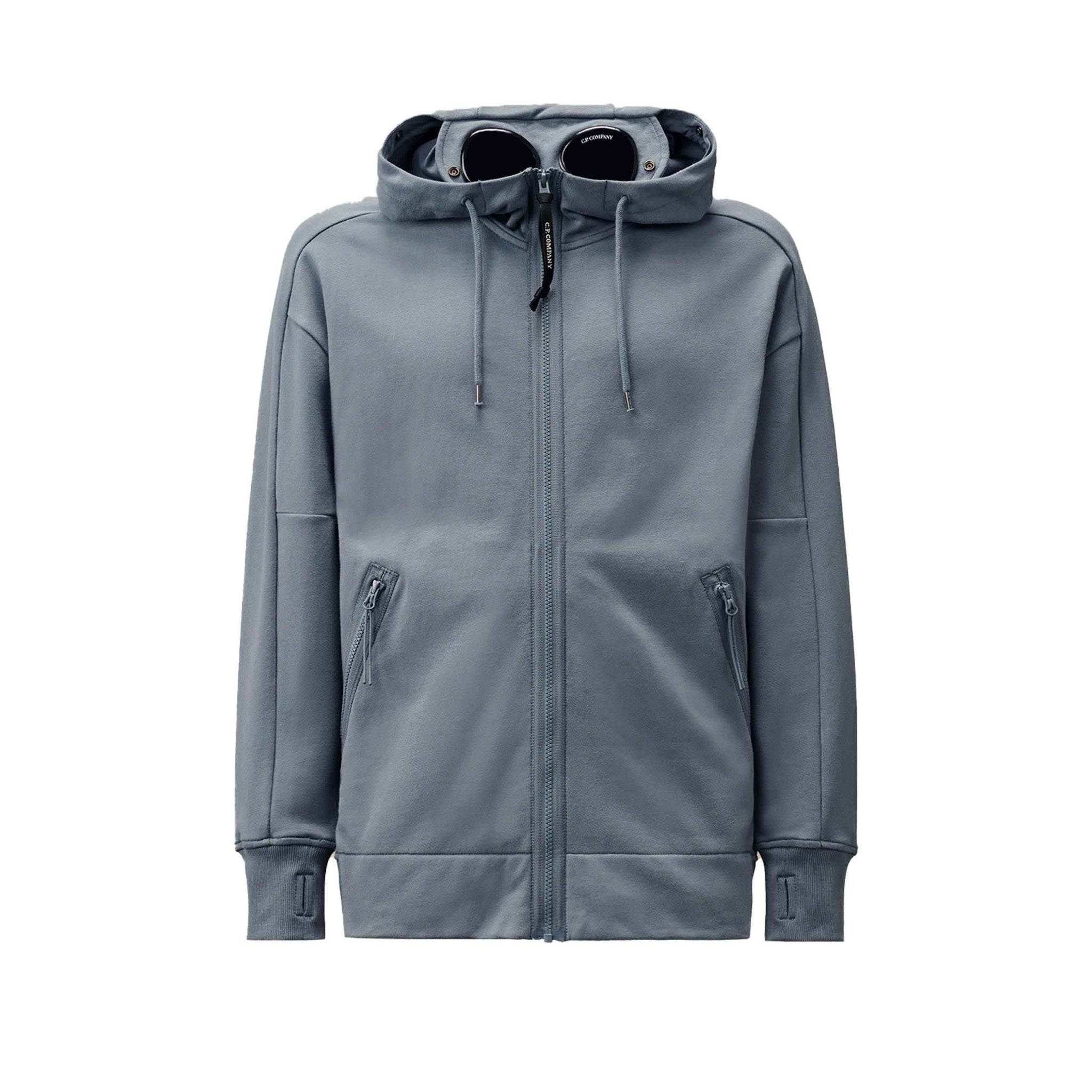 C.P. Company Diagonal Raised Fleece Goggle Zipped Hooded Sweatshirt in Stormy Weather- Blue