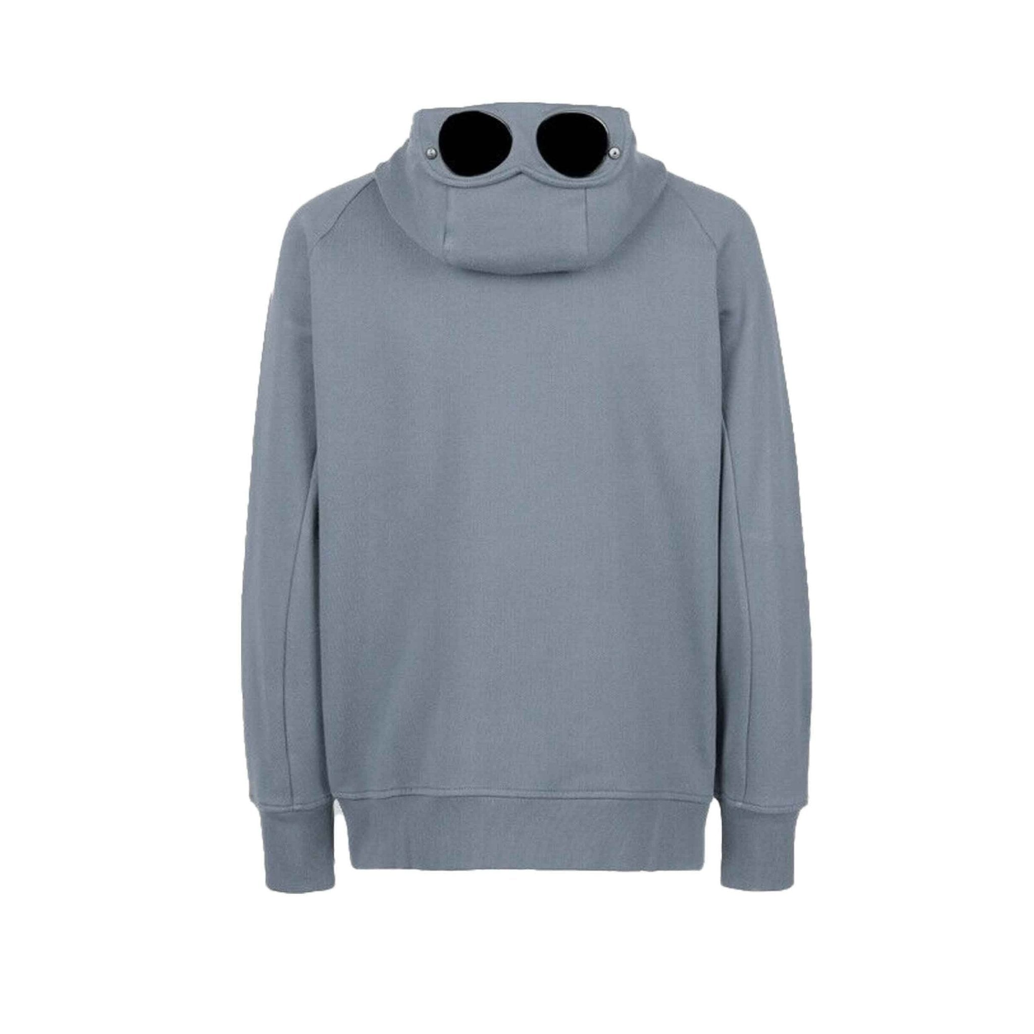 C.P. Company Diagonal Raised Fleece Goggle Zipped Hooded Sweatshirt in Stormy Weather- Blue