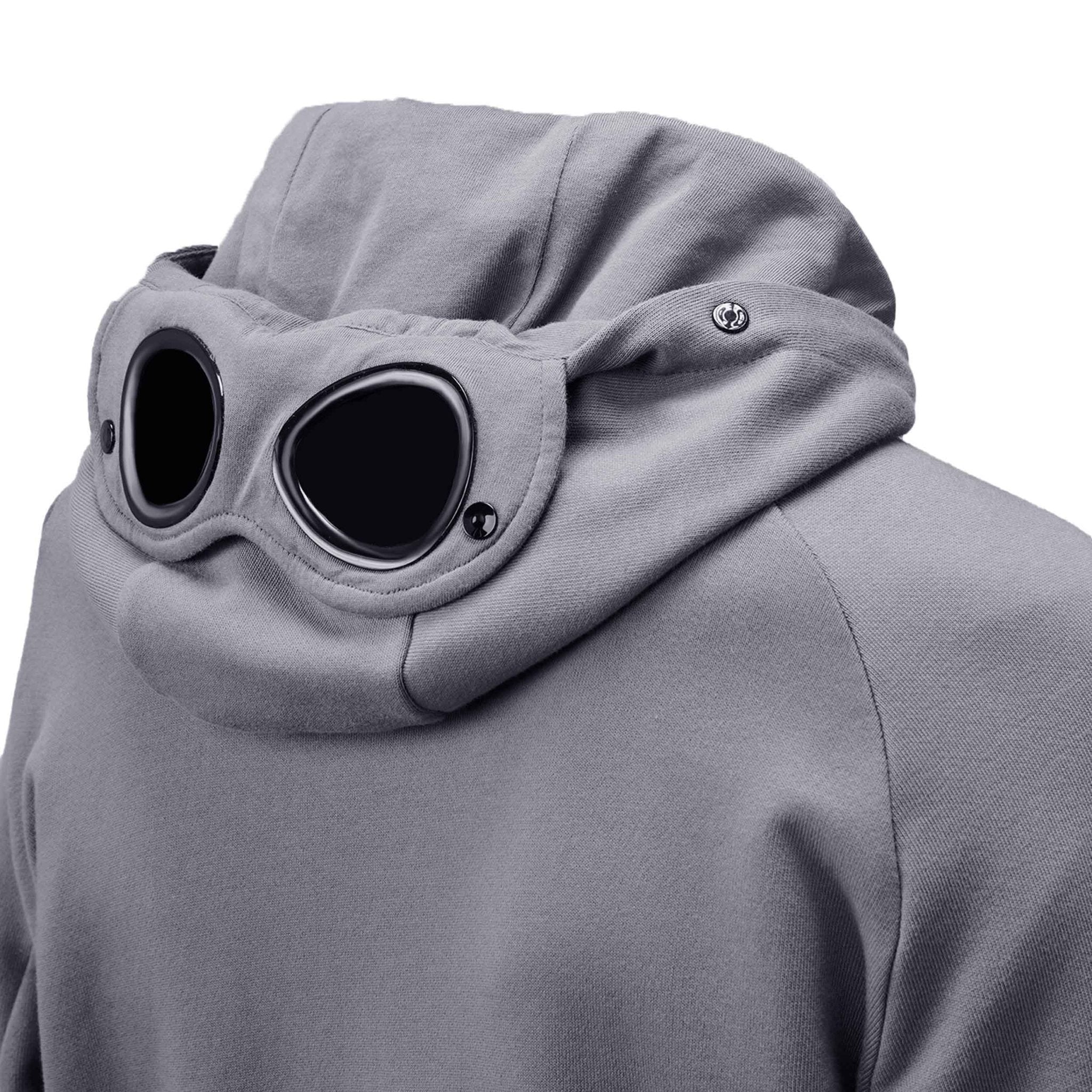 C.P. Company Diagonal Raised Fleece Goggle Zipped Hooded Sweatshirt in Stormy Weather- Blue