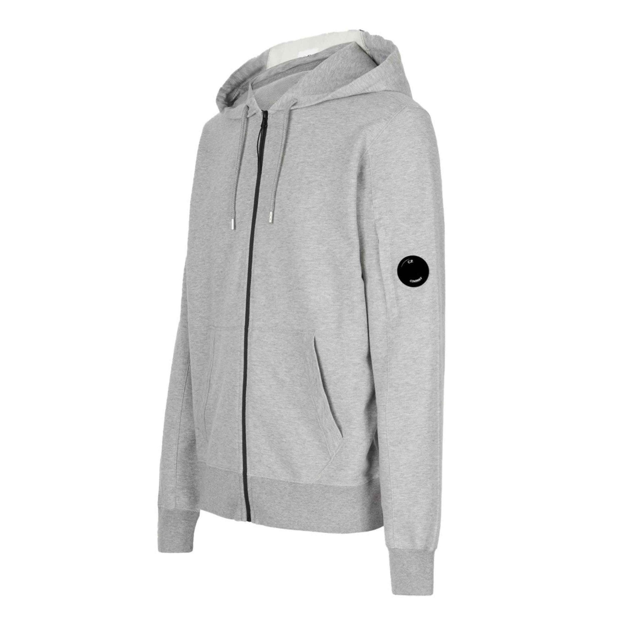 C.P. Company Light Fleece Lens Zipped Hooded Sweatshirt in Greystone Melange