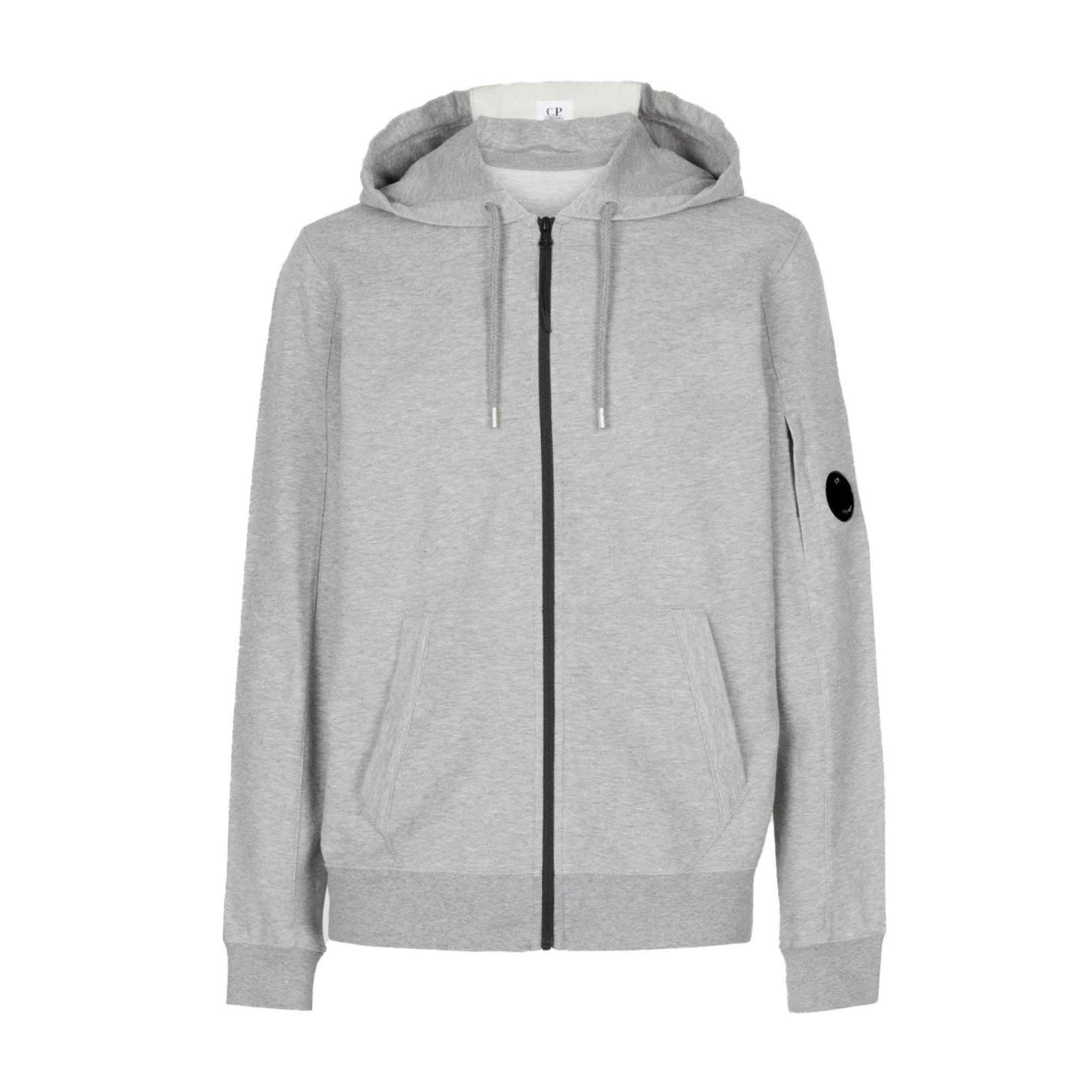 C.P. Company Light Fleece Lens Zipped Hooded Sweatshirt in Greystone Melange