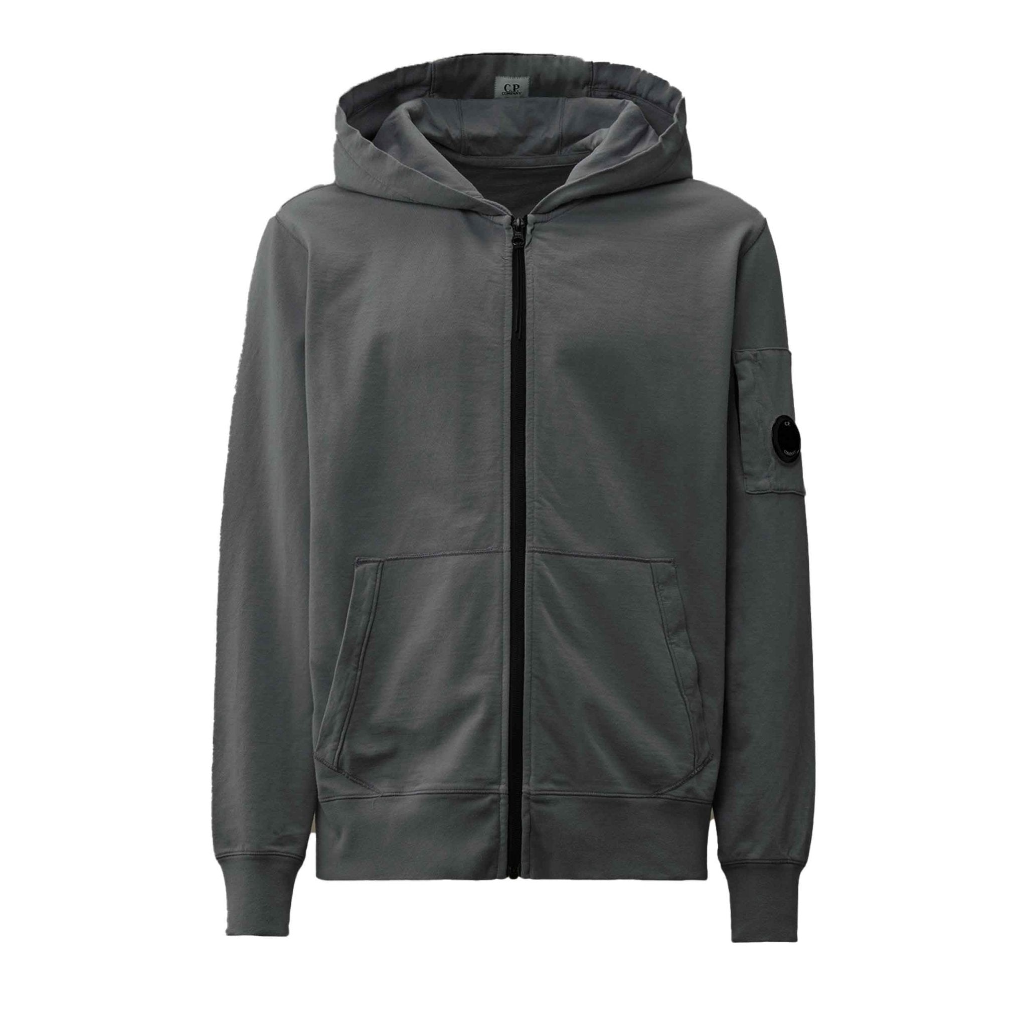 C.P. Company Light Fleece Lens Zipped Hooded Sweatshirt in Smoked Pearl- Grey