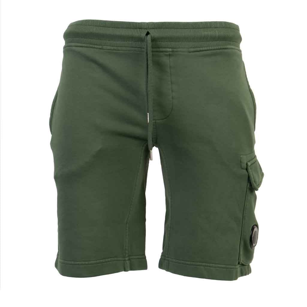 C.P. Company Resist Dyed Cotton Fleece Lens Shorts in Duck Green