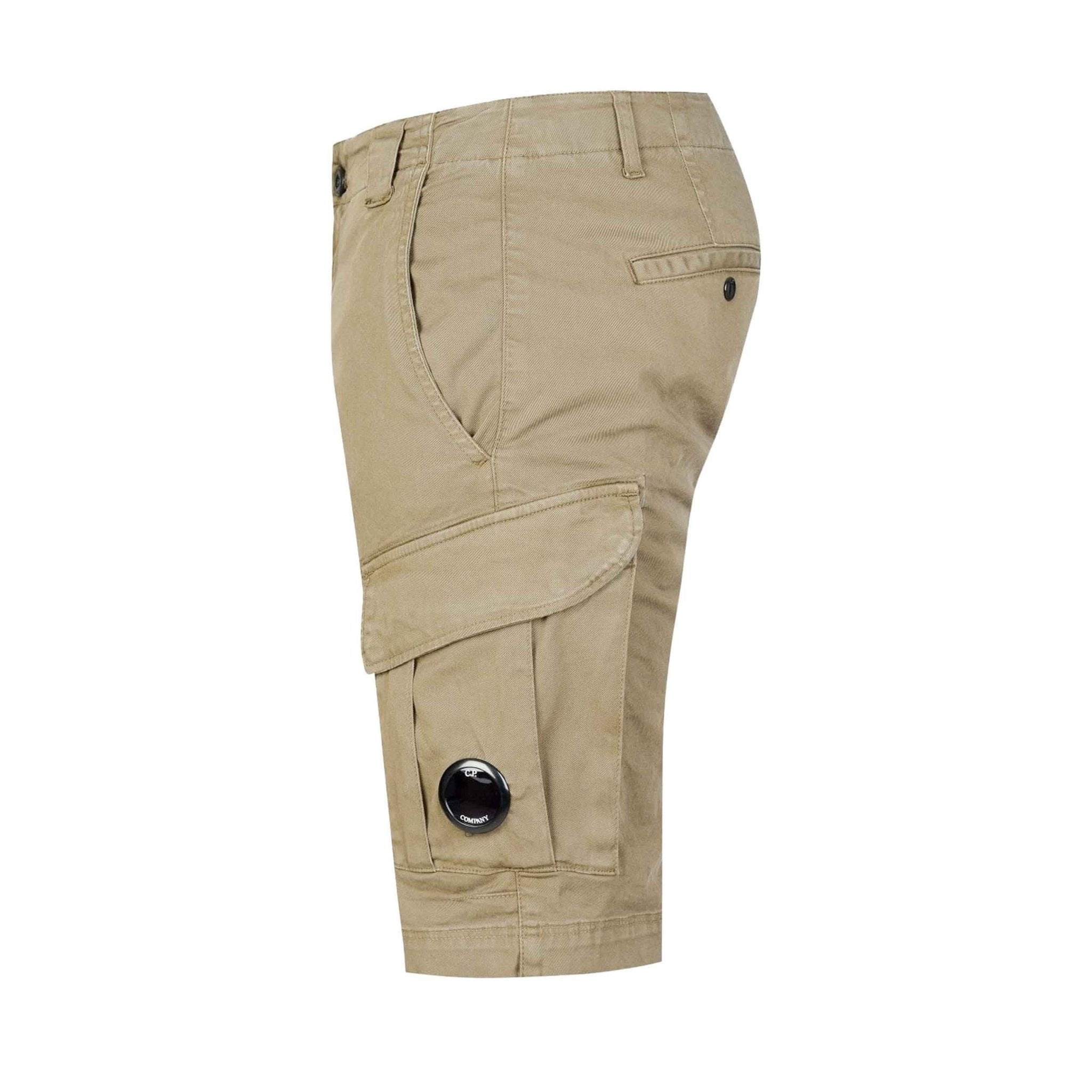 C.P. Company Stretch Sateen Lens Cargo Shorts in Vintage Khaki- Beige