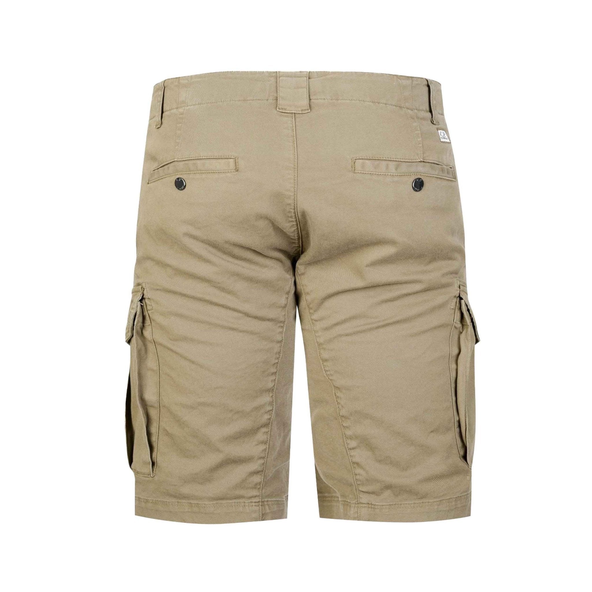 C.P. Company Stretch Sateen Lens Cargo Shorts in Vintage Khaki- Beige