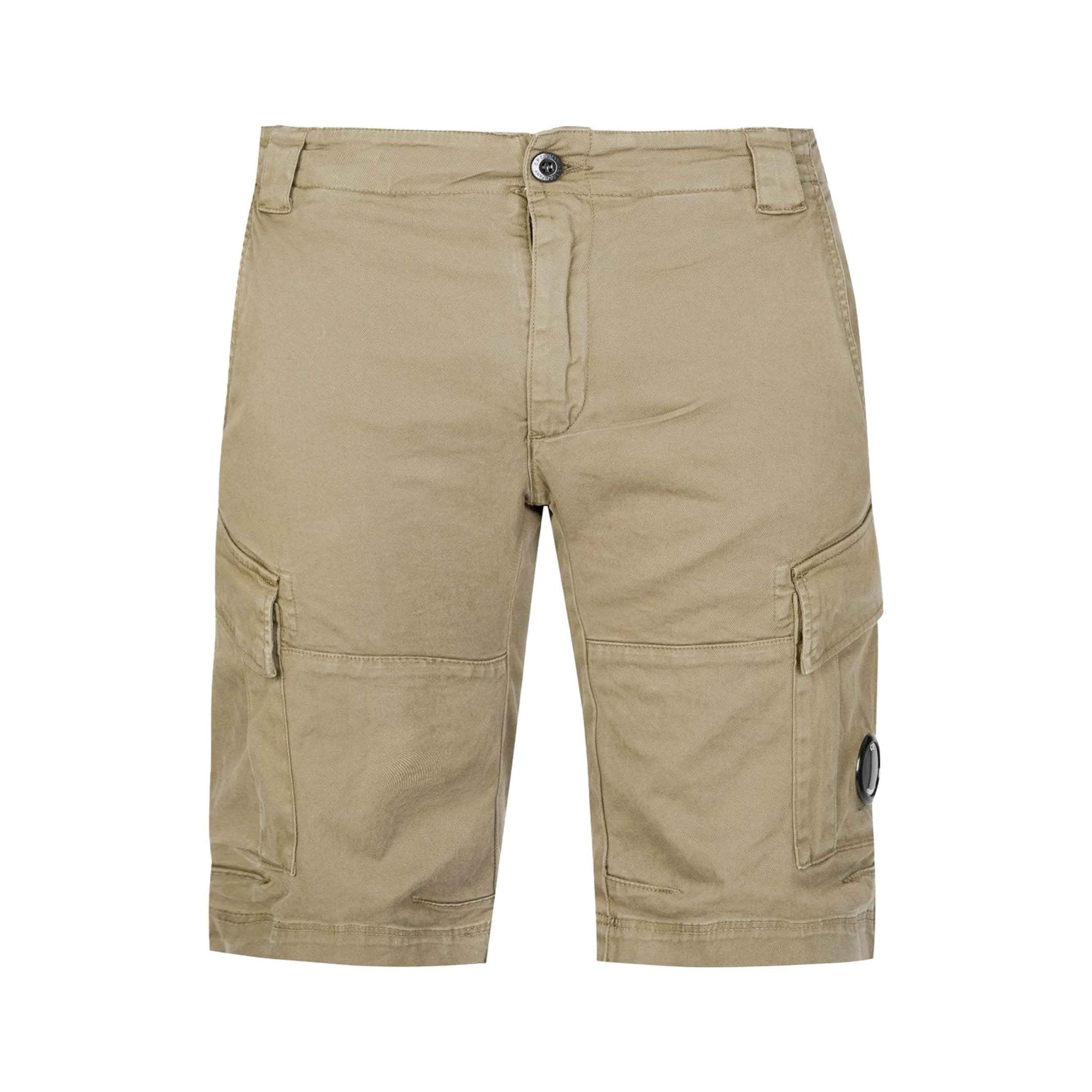 C.P. Company Stretch Sateen Lens Cargo Shorts in Vintage Khaki- Beige